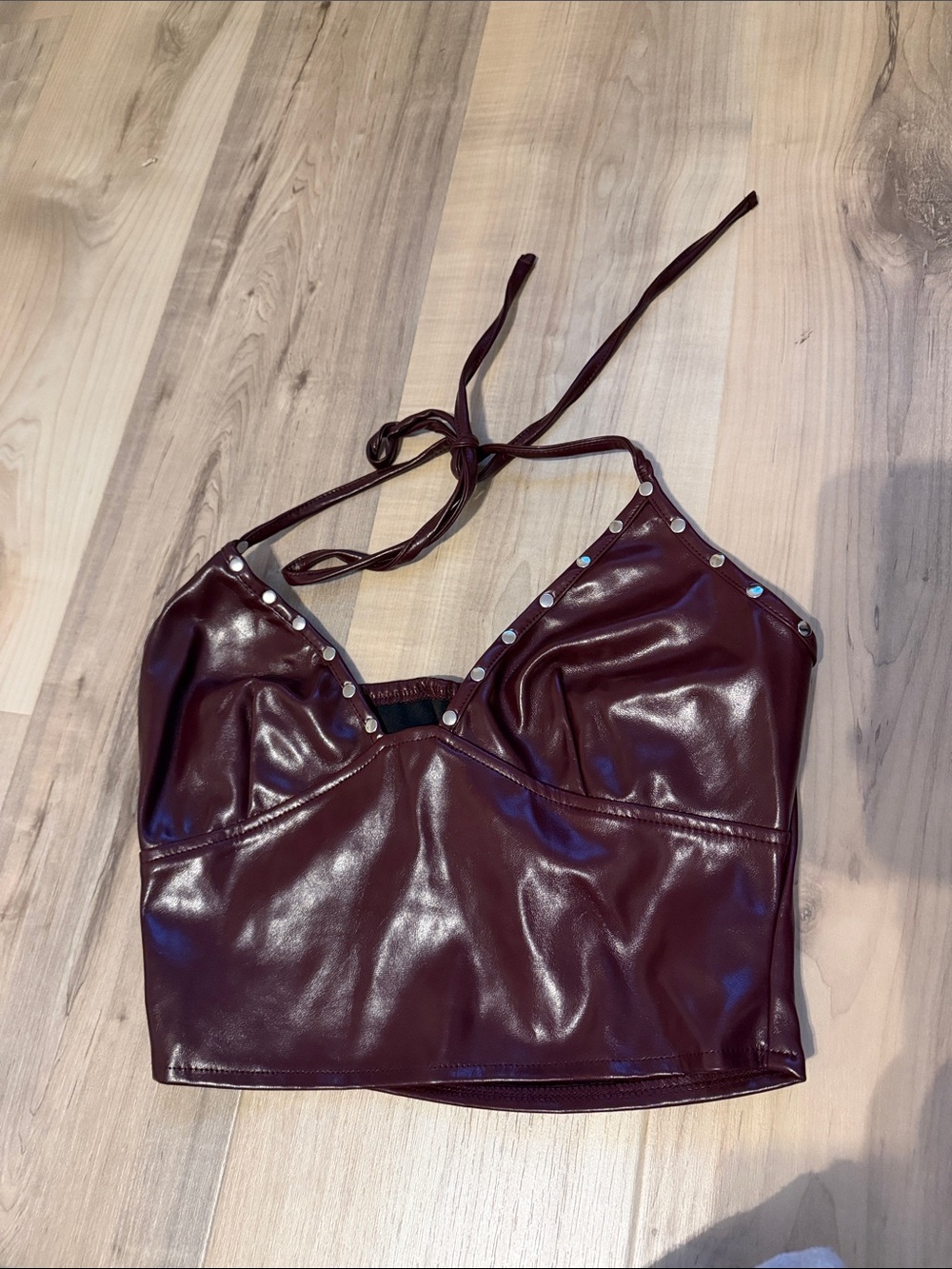 Size xs faux leather maroon halter top with beaded detail
